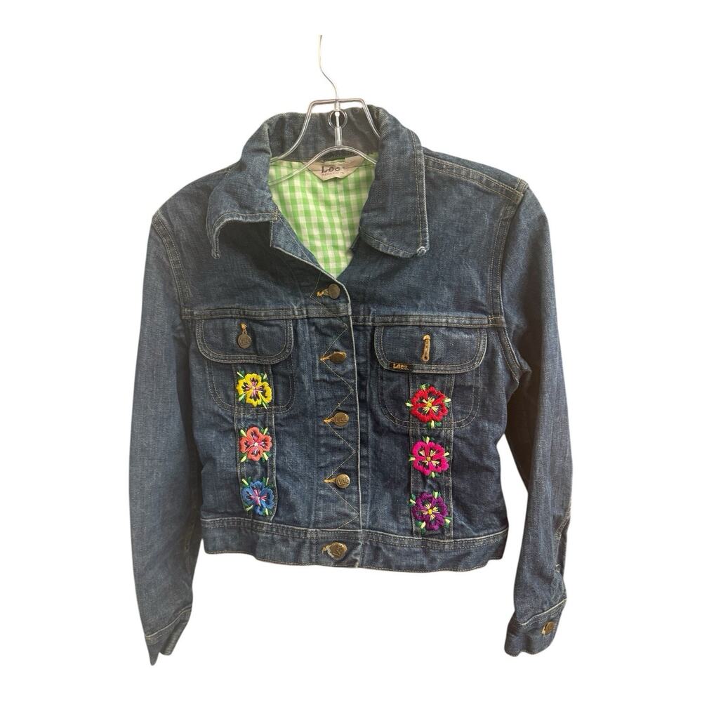 Vintage Women Upcycled Lee Riders Dark Denim Jacket Custom Embroidery Flannel